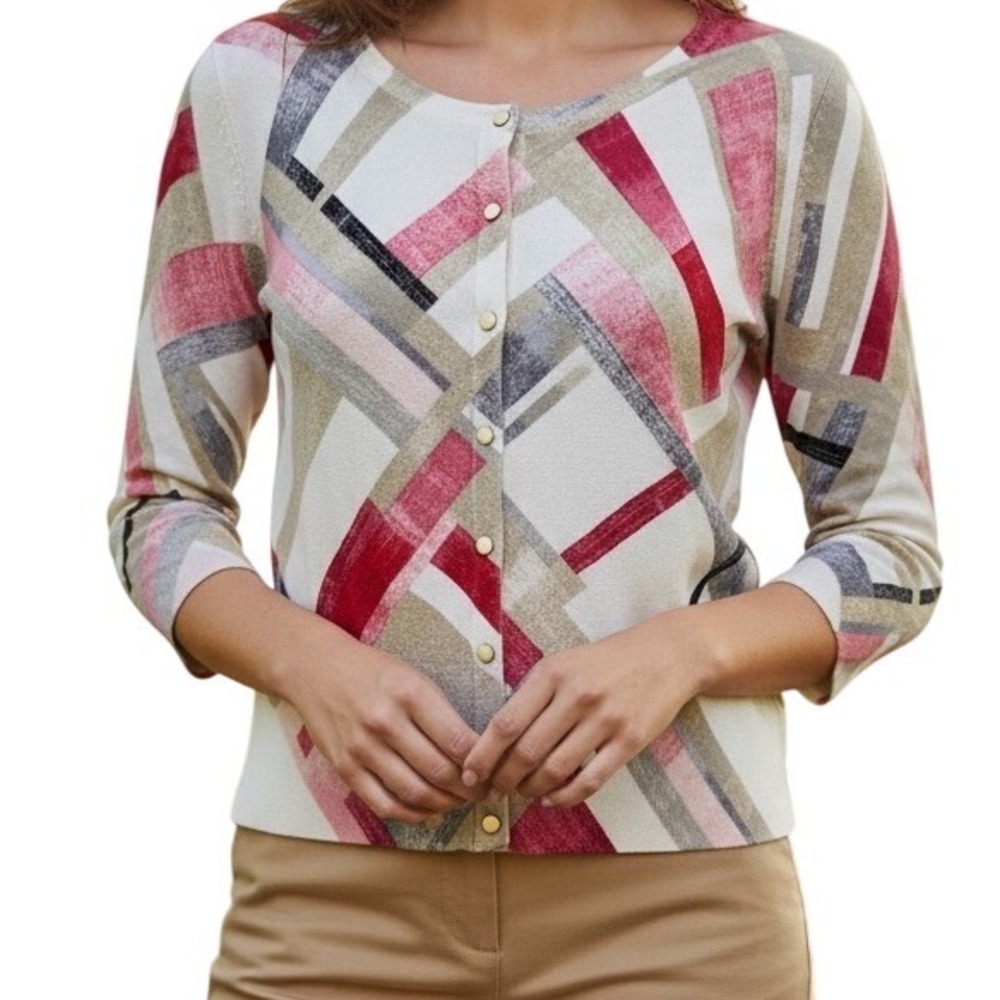 WHITE HOUSE BLACK MARKET Geometric Abstract Metallic‎ Cardigan EUC Size XS